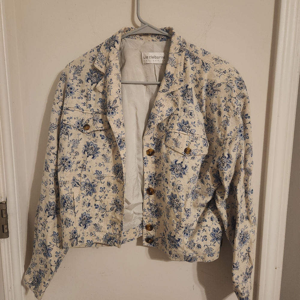 Liz Claiborne 100% Linen Cream Blue Floral Jacket Medium 8